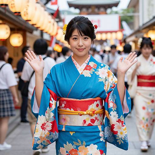 Photograph of a smiling Japanese woman in a vibrant blue floral kimono with red obi, waving in a bustling street festival.
