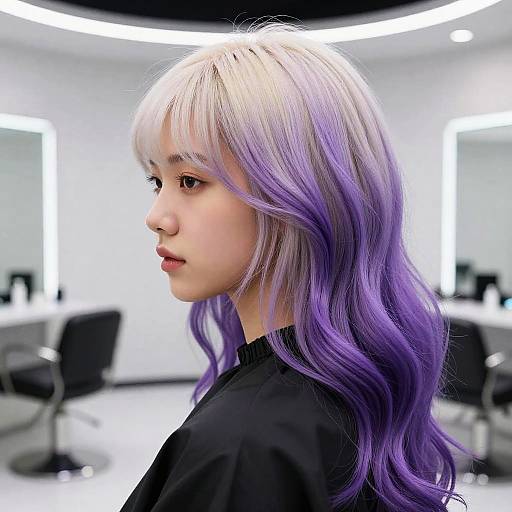 Photograph of a young woman with platinum blonde and purple ombre hair, wearing a black top, in a modern, white-lit salon.