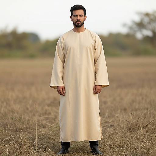 Photograph of a bearded man with dark hair, wearing a long, cream-colored traditional garment, standing in a dry, grassy field.