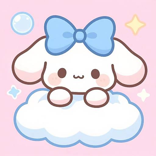 Cute chibi-style drawing of a white, fluffy dog with a blue bow, sitting on a blue cloud against a pink background.