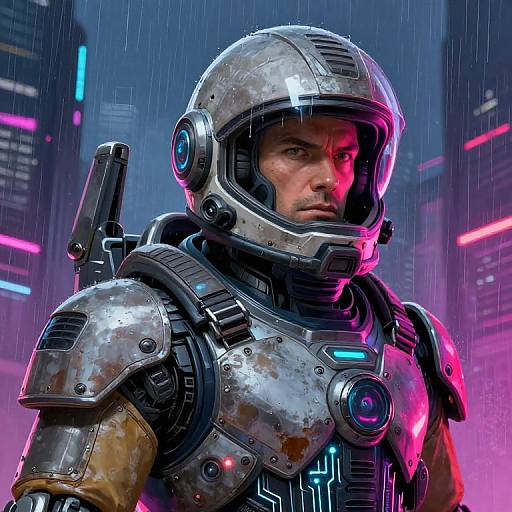 Digital art of a rugged, armored man in a futuristic rain-soaked city, glowing neon lights, cybernetic helmet, intense gaze, wet metallic