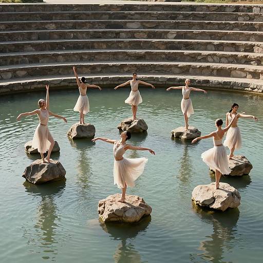 Photograph of six ballerinas in white tutus, standing on rocks in a circular water basin, arms outstretched, performing in natural sunlight