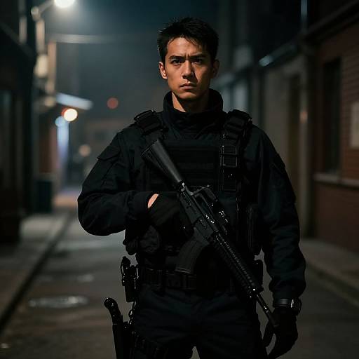 Photograph of a serious, dark-haired, young male soldier in black tactical gear with a rifle, standing in a dimly lit, narrow urban alley