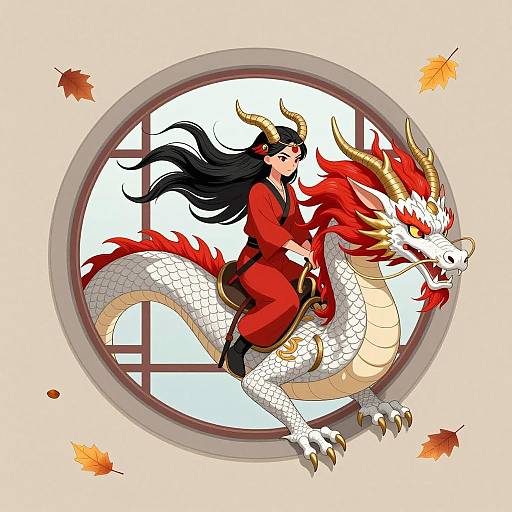 Woman Riding Serpentine Dragon with Autumn Leaves