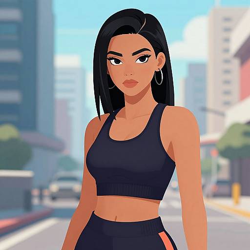 Digital illustration of a confident woman with long black hair, wearing a black sports bra and matching pants, standing in a sunny urban street background.