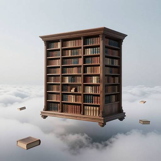 Photograph of a tall, wooden, multi-shelf bookcase filled with colorful books, floating amidst fluffy clouds with scattered books.