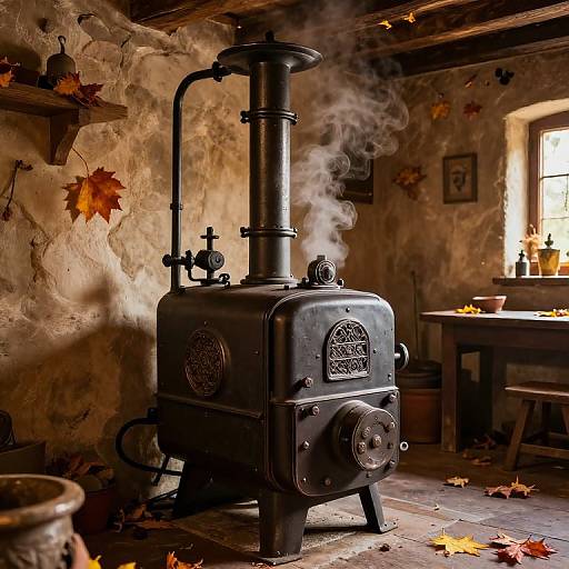 Photograph of a black, antique wood-burning stove emitting steam, in a rustic, warmly-lit room with stone walls, autumn leaves, and