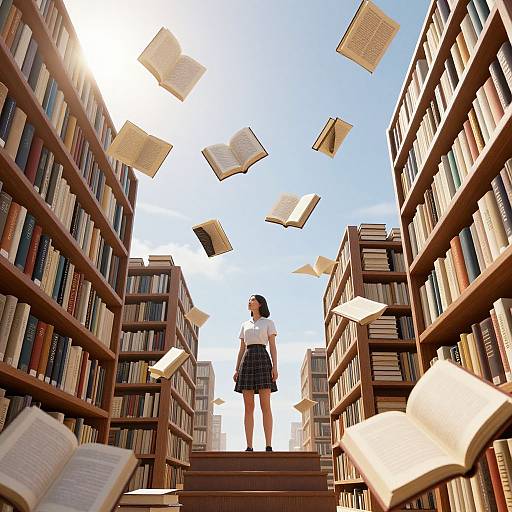 Photograph of a young woman in a white shirt and plaid skirt standing on library stairs, surrounded by flying open books under a bright blue sky.