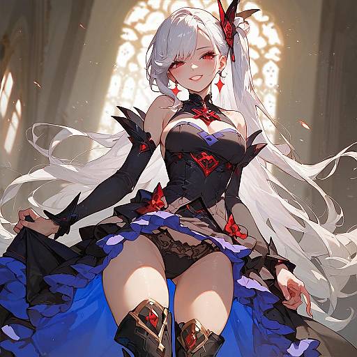 Digital anime-style illustration of a white-haired woman with red eyes, black lace dress, and red accents, standing confidently in a sunlit church.