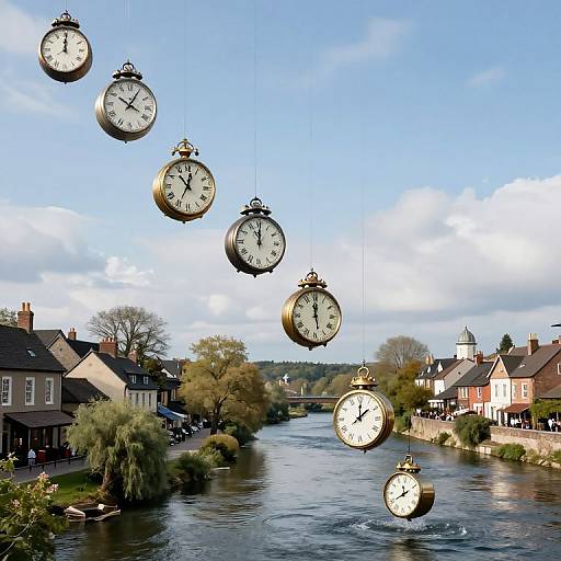 Photograph of vintage clock faces hanging above a river in a quaint village, with houses and trees lining the waterway. Blue sky with clouds in the