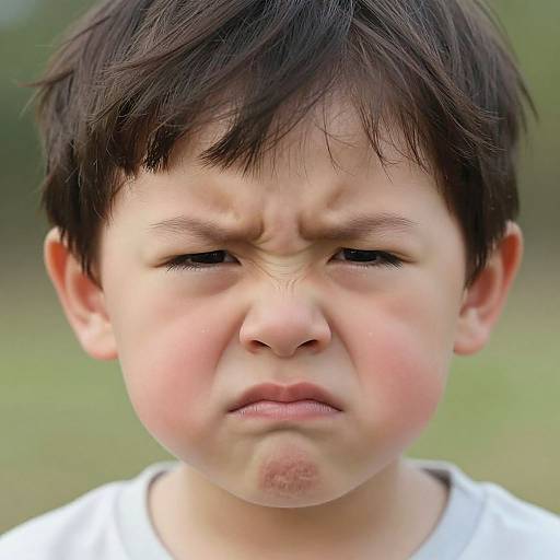 Photograph of a young boy with short, dark brown hair and a pouty, scrunched-up face, wearing a white shirt, against