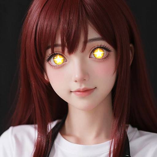 Digital artwork of a young anime girl with glowing yellow eyes, long red hair, and a white shirt, set against a black background.