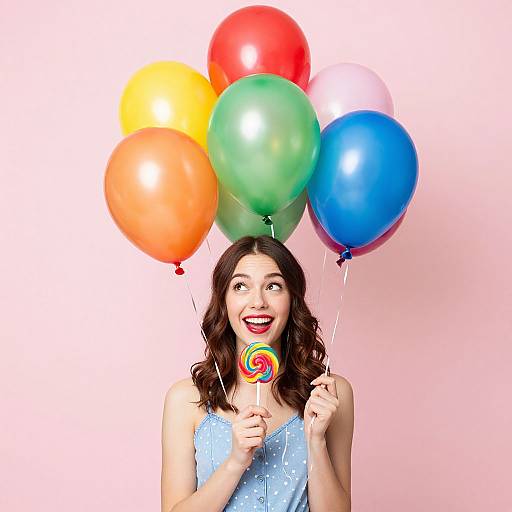 Photograph of a smiling woman with wavy brown hair, wearing a blue sleeveless dress, holding colorful balloons and a large rainbow lollipop, against