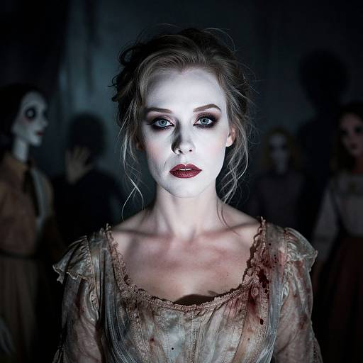 Photorealistic digital artwork of a pale, blue-eyed woman with dark makeup, blood-stained lace dress, surrounded by shadowy zombie figures.