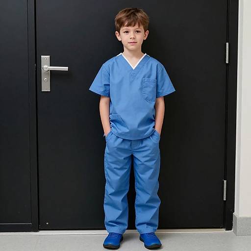 Boy in Blue Surgical Gown by Door