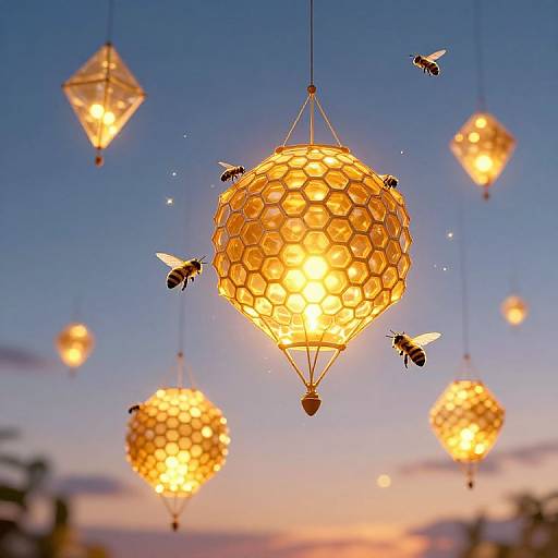 Photograph of five glowing, honeycomb-patterned hanging lamps against a twilight sky, with four bees flying around them. Warm, golden light contrasts with