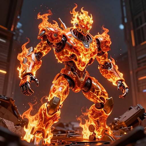 Photorealistic CGI of a metallic, humanoid robot engulfed in bright orange flames, standing amidst a ruined, dimly lit cityscape.