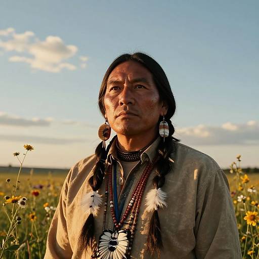 Photograph of a Native American man with long black hair, traditional feathered jewelry, and tan shirt, standing in a sunlit field of wildflowers