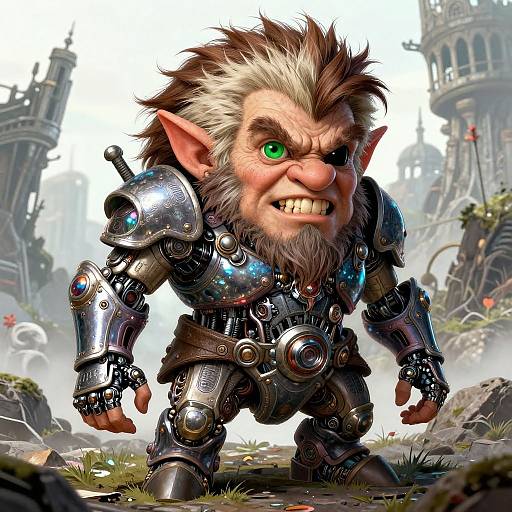 CGI image of a fierce, green-eyed, grey-bearded goblin warrior in shiny, futuristic armor, standing in a fantasy ruin landscape.