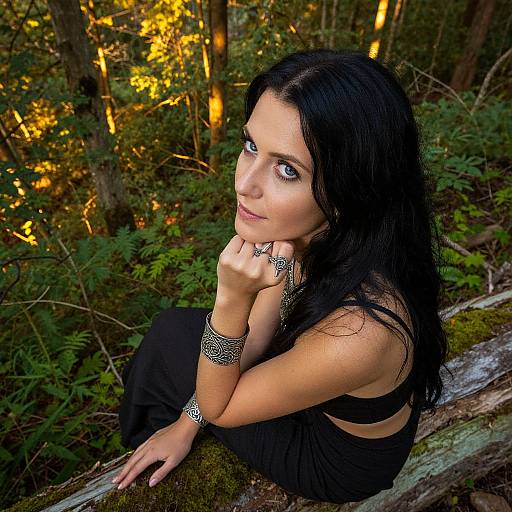 Photograph of a pale-skinned woman with long black hair, wearing a black top and silver jewelry, sitting on a mossy log in a sun