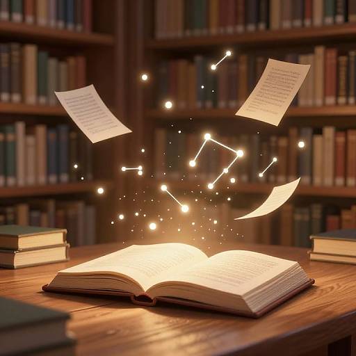 Photograph of an open glowing book on a wooden table, with floating papers and sparkling lights in a library.