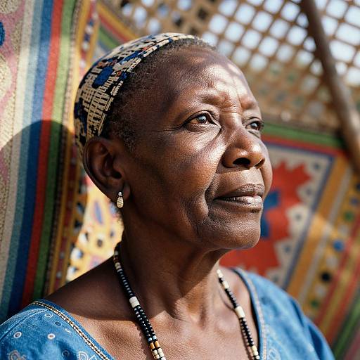 Photograph of an elderly African woman with dark skin, short braided hair, gold headband, blue denim top, and beaded necklace, against