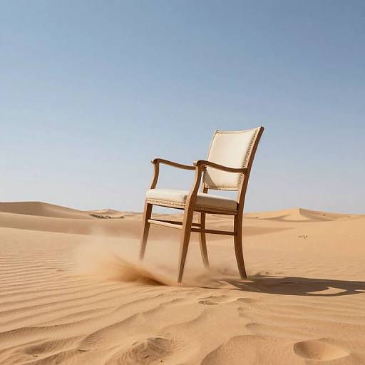 Photograph of a solitary wooden chair with white fabric seat, standing in a vast, sunlit desert with rippled sand dunes under a clear blue