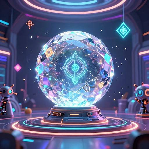 CGI image of a glowing, crystal sphere with neon blue and purple patterns, centered on a futuristic, neon-lit platform. Two robotic figures flank