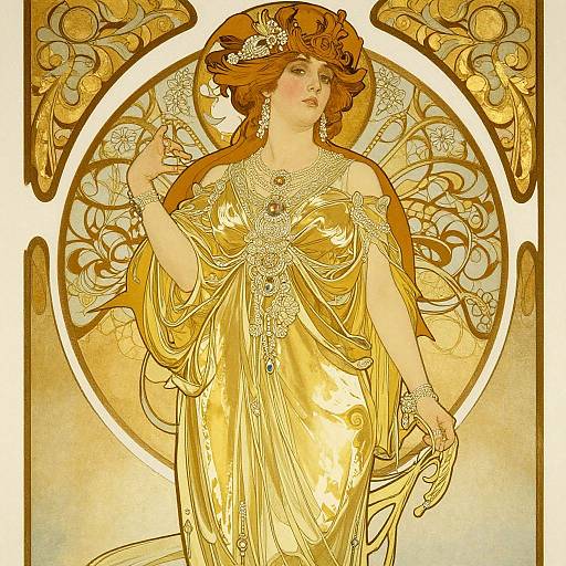 Art Nouveau illustration of a fair-skinned woman with flowing auburn hair, wearing a golden, ornate dress and jewelry, standing against a