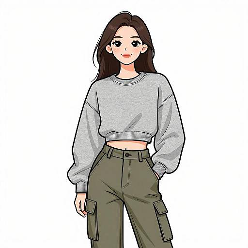 Digital anime-style drawing of a smiling young woman with long brown hair, wearing a gray crop sweater and olive green cargo pants.