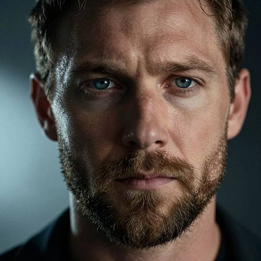 Close-up photograph of a bearded man with blue eyes, short brown hair, and slightly furrowed brows, illuminated by soft, blue light.