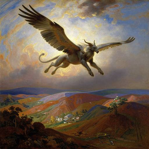 Digital fantasy painting of a griffin with large wings soaring over a colorful, rolling hill landscape with a small village below.