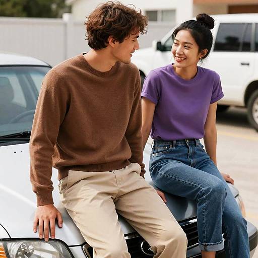Young couple sitting on car hood outdoors