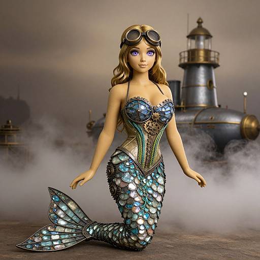 Digital art of a blonde mermaid with purple eyes, wearing steampunk goggles, detailed blue and silver scales, and a corseted top,