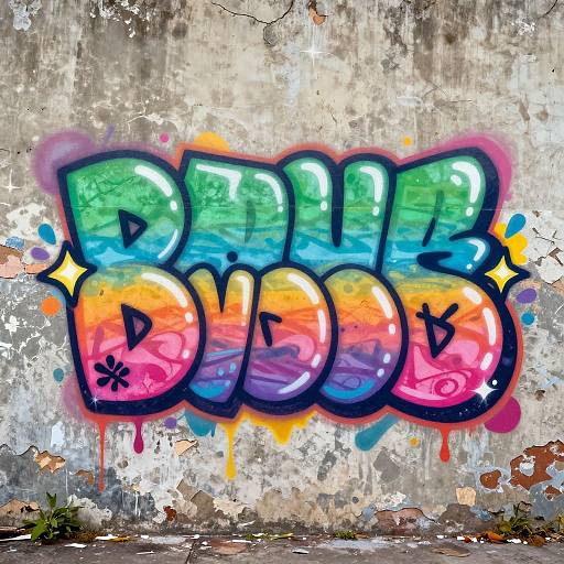 Vibrant, colorful graffiti on a textured, weathered concrete wall with 