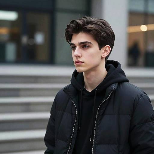 Photograph of a young, pale-skinned man with dark brown hair, wearing a black puffer jacket and hoodie, standing on urban steps with a