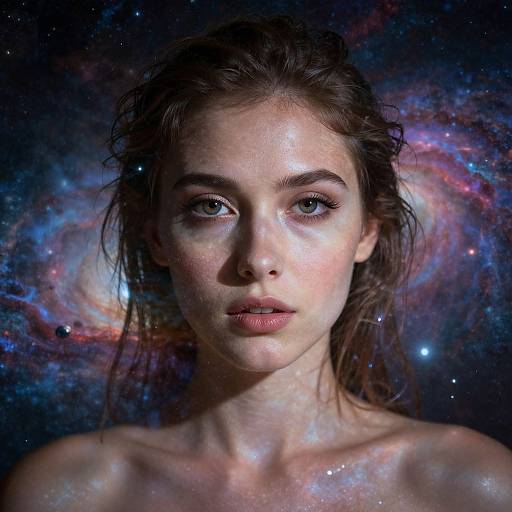 Photorealistic portrait of a young woman with fair skin, blue eyes, and wet brown hair, set against a vibrant, cosmic nebula background.
