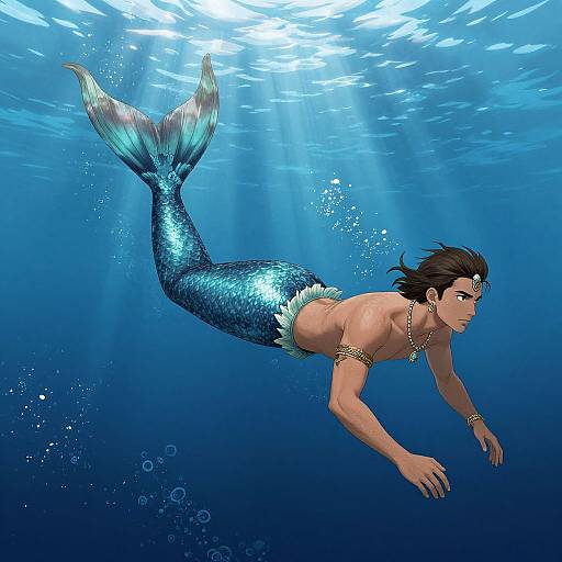 Digital illustration of a handsome, muscular merman with dark hair, blue fish-scale tail, and gold jewelry, swimming in a sunlit, deep blue
