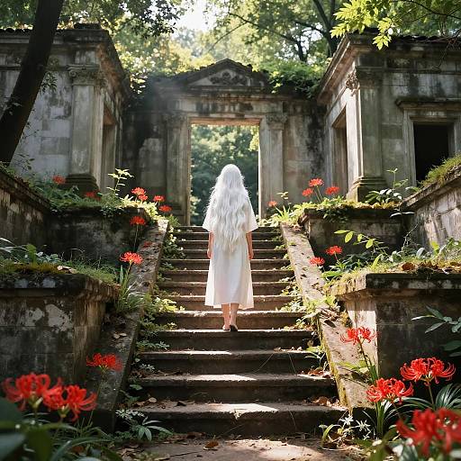 Photograph of a woman with long white hair in a flowing white dress, walking up ancient stone steps flanked by vibrant red flowers, sunlight filtering through