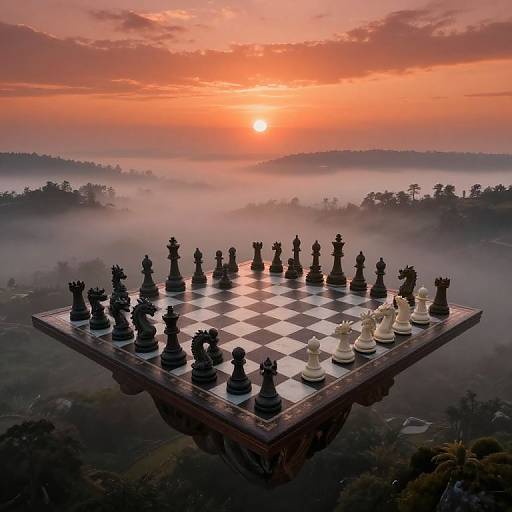Photograph of a floating chessboard with black and white pieces, silhouetted against a vibrant orange sunrise and misty forest landscape.