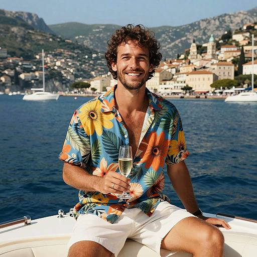 Smiling Man on Boat with Coastal View