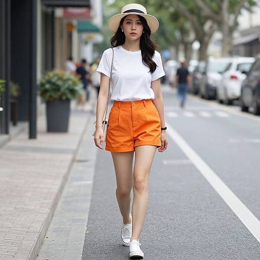 Photograph of an Asian woman with long black hair, wearing a white hat, white t-shirt, and orange shorts, walking on a city street in
