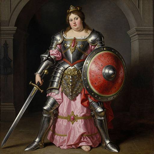 Photograph-style painting of a fair-skinned, brown-haired woman in medieval armor with pink dress, holding sword and red shield, standing in dark,