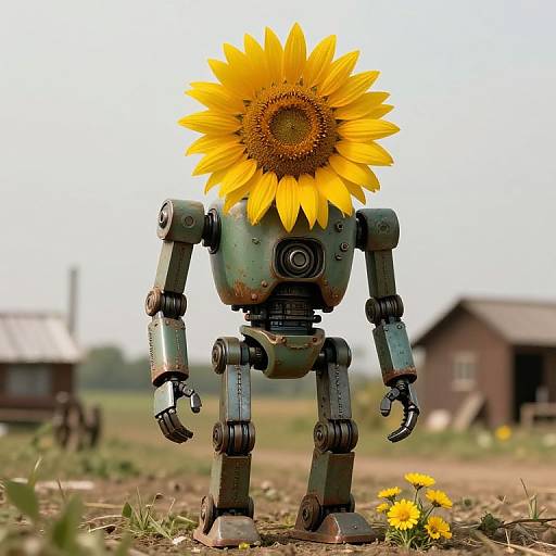 Photograph of a weathered, green robot with a large, bright yellow sunflower head, standing in a grassy, rural field with blurred barn