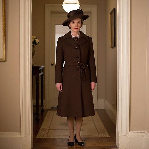 Photograph of a poised woman in a dark brown, belted, knee-length coat and black hat, standing in a well-lit hallway with framed