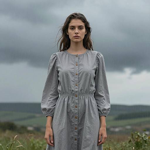 Young Woman Standing in Rainy Landscape