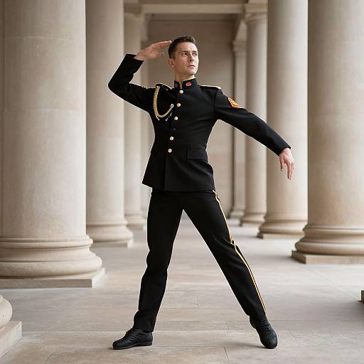 Photograph of a tall, dark-haired man in a black military uniform with gold trim, saluting and posing under grand columns.