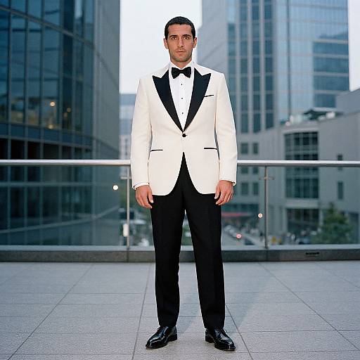 Photograph of a man standing in an urban setting, wearing a white tuxedo with black lapels, black bow tie, and black pants,