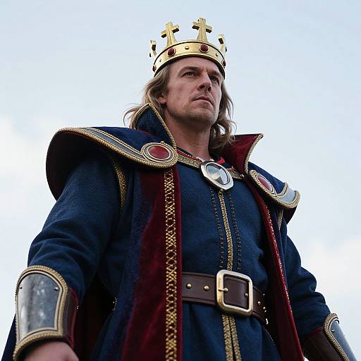 Photograph of a tall, serious-looking man with long hair, wearing an ornate gold crown, dark blue royal robe with red and gold trim,