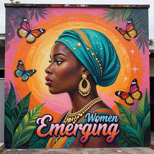 Vibrant mural of a dark-skinned African woman in a turquoise headwrap, gold jewelry, surrounded by orange sun, and colorful butterflies, with